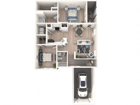 A top-down view of a small apartment with a kitchen, living room, bedroom, and bathroom.